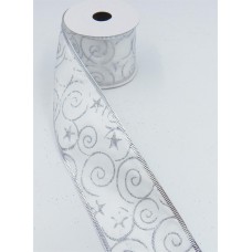 2.5 Inch Wired Christmas Ribbon with Silver Metallic Swirls & Stars on White Satin, 2-1/2 In. X 10 Yds (Lot of 1 Spool) SALE ITEM